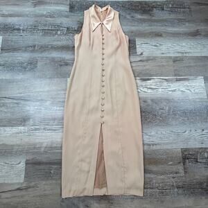 Donna Ricco Midi Dress Peach Satin Collar Sleeveless Vintage Glam 90s Made USA